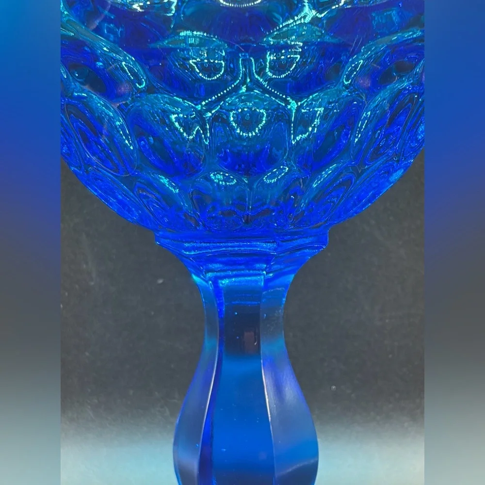 Vintage Fenton Blue Ruffle Thumbprint Glass Pedestal Candy Dish Compote Tazza